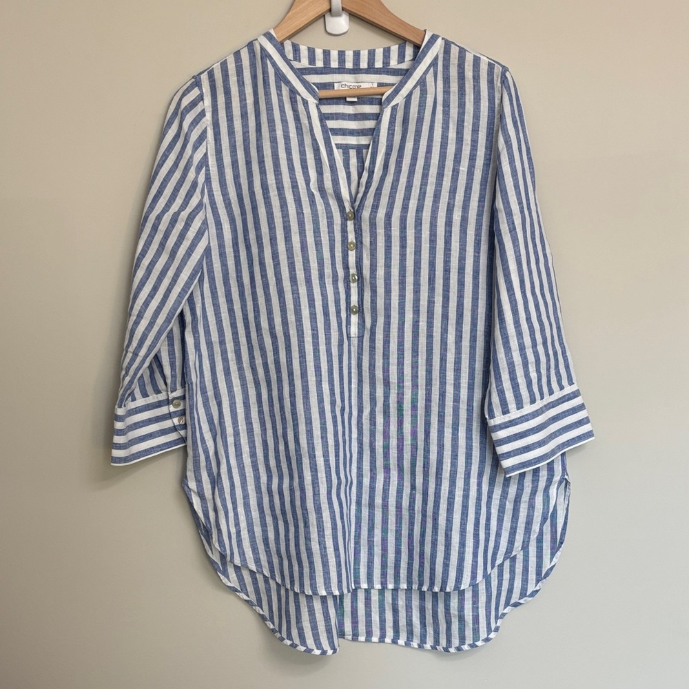 Chico's White and Blue Striped All Linen Tunic Style Blouse Size 1